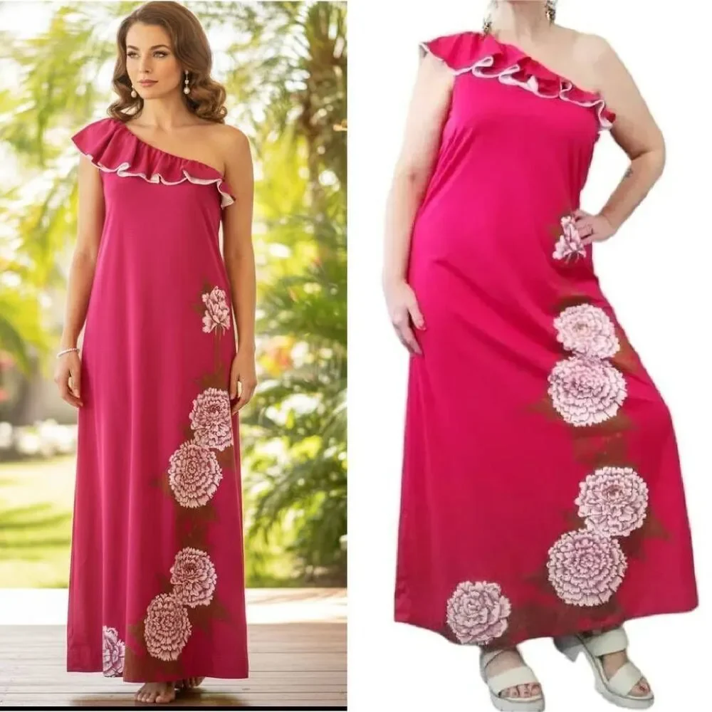 VTG 60s Alfred Shaheen Hand Painted Pink One Shoulder Maxi Dress 10 LG RARE - Picture 1 of 12
